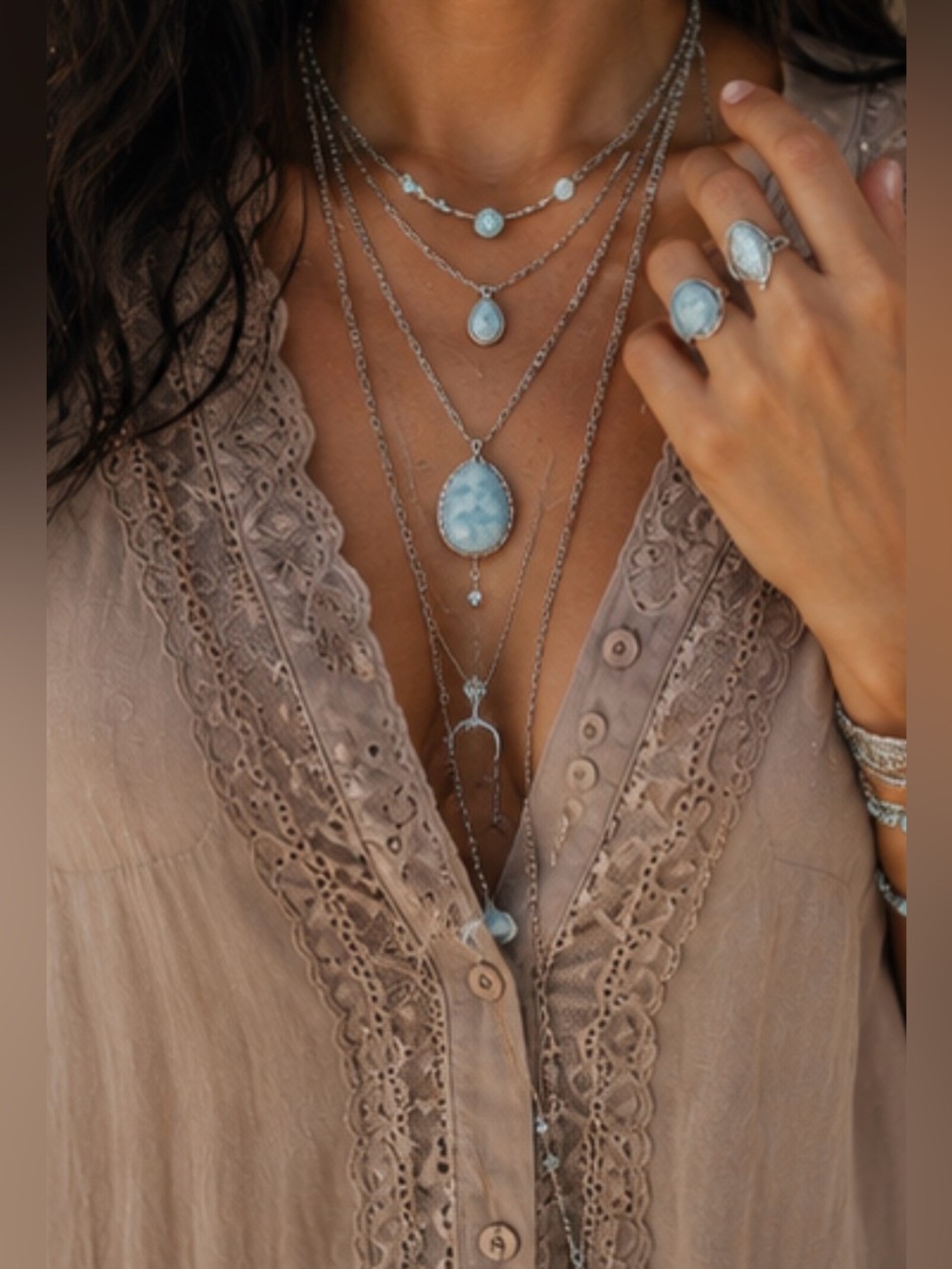 Love Stitch Taupe Lace-Trim Semi-Sheer Blouse - Picture 3 of 13